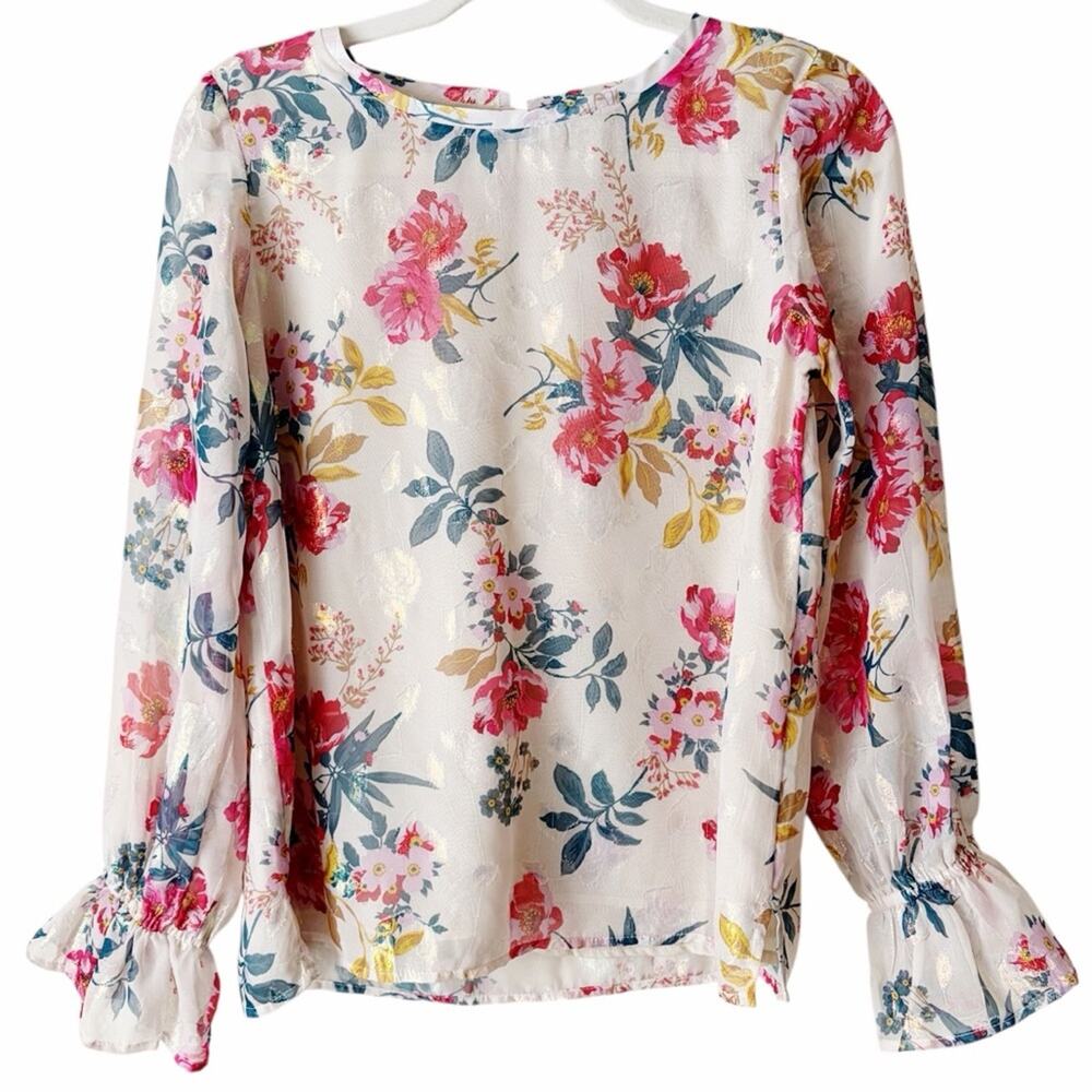 Loft | Metallic Shimmer Floral Long Bell Sleeve Blouse Top Cream Pink XS